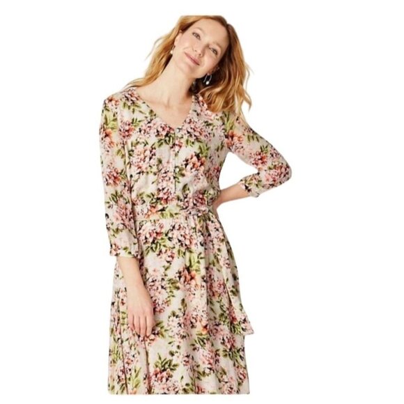 J. Jill Wrap Dress Size L Floral Midi Long Sleeves Peasant Cottagecore Belted